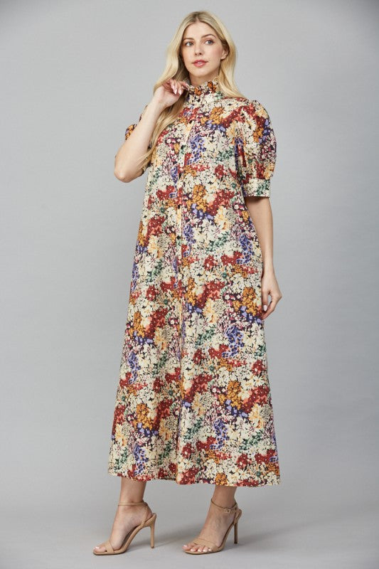 Fall Floral Stand Collar Midi Dress
