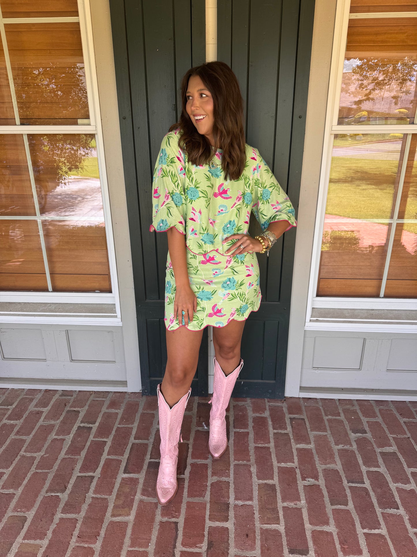 Bird and Floral Print Scalloped Skirt Set