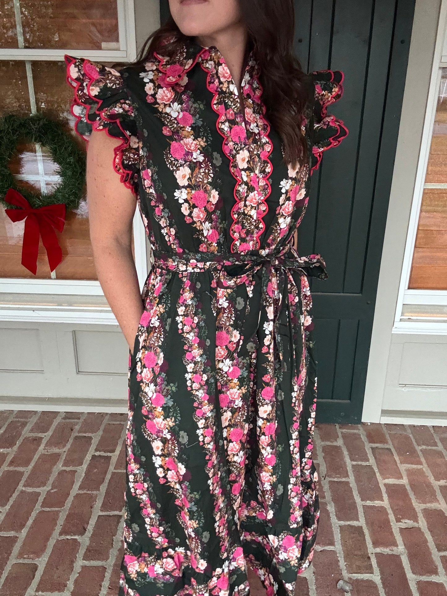 Green Pink Multi Floral Scallop Midi Dress