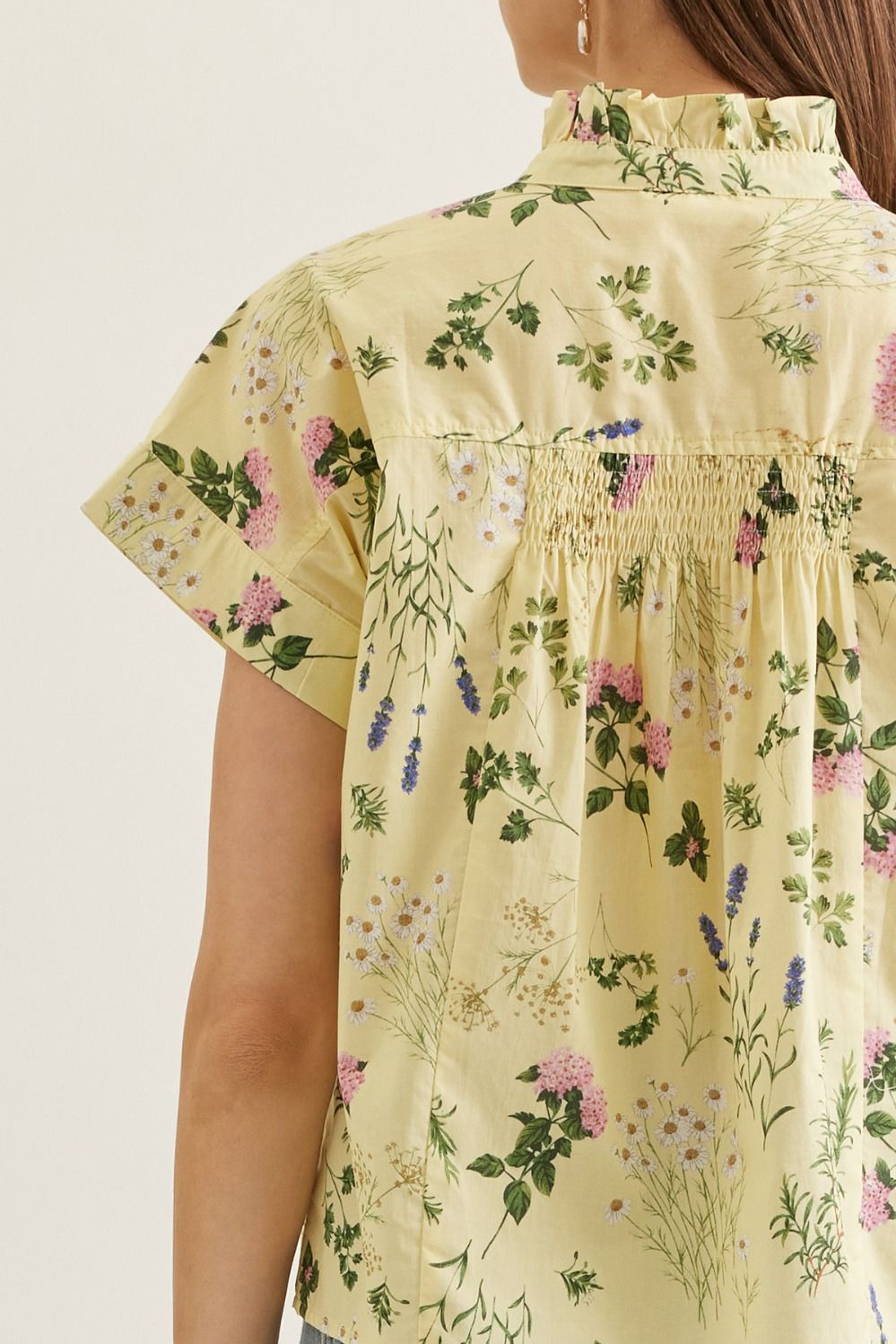 Yellow Floral Ruffle Trim Top
