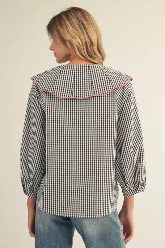 Black Gingham Statement Collar Top