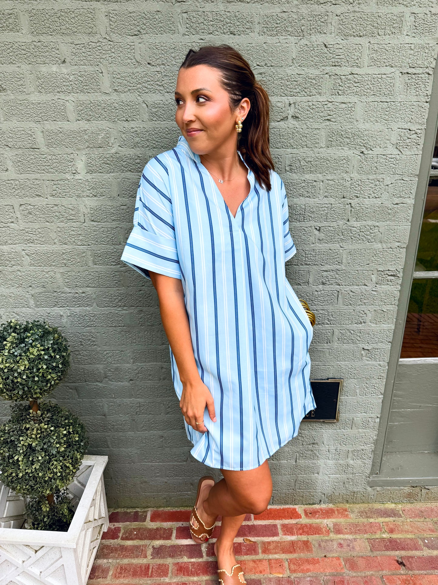 Blue Short Sleeve Striped Dress