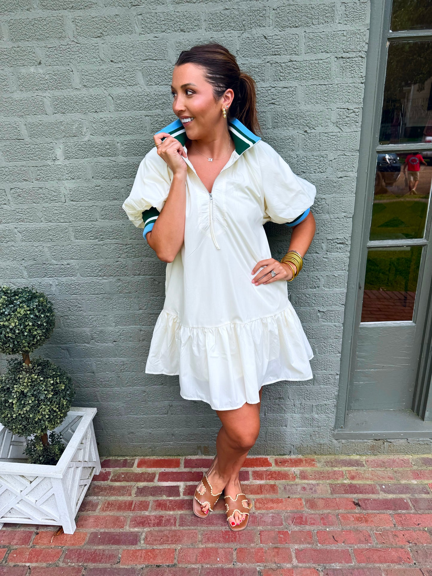 Cream Half Zip Contrast Detail Dress