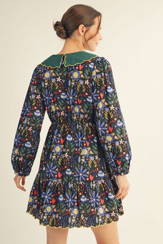 Black Floral Statement Collar Dress