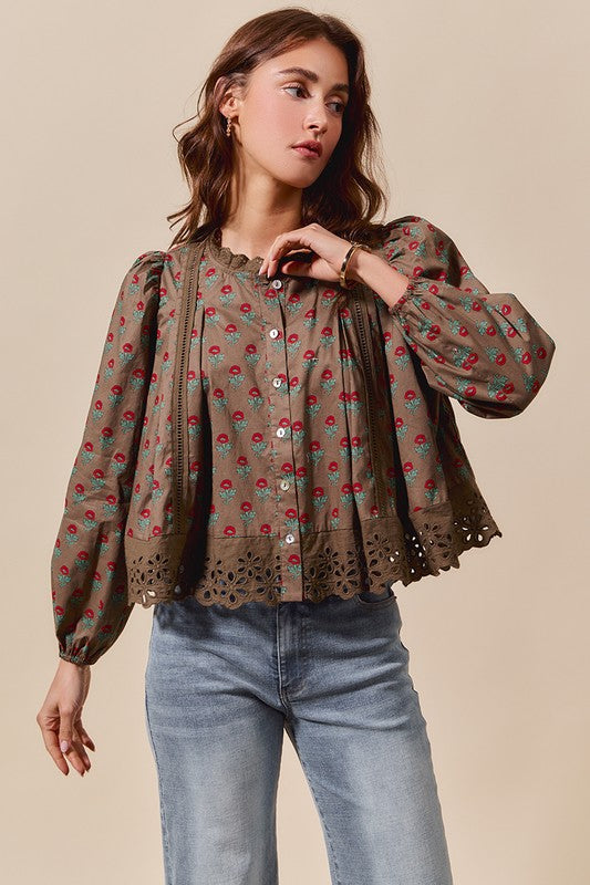 Brown Floral Lace Trim Top