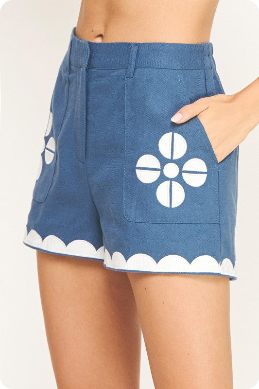 Blue Contrast Embroidery Shorts