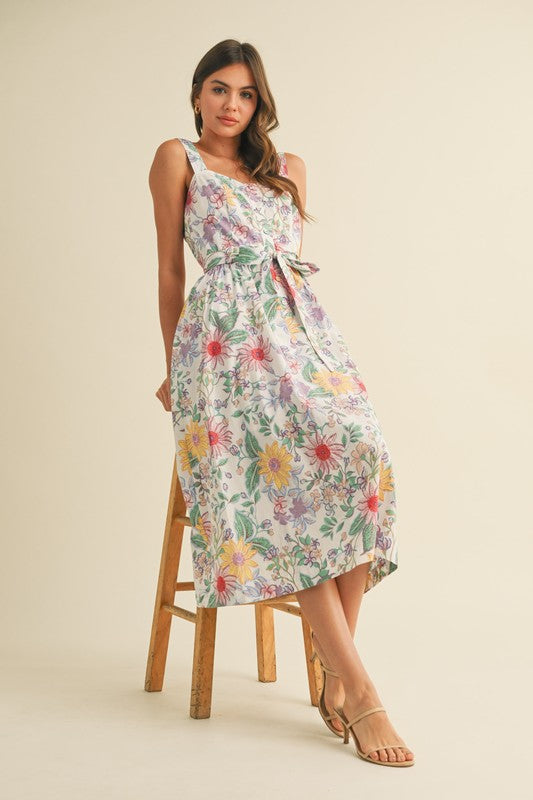 Ivory Multi Floral Button Down Midi Dress