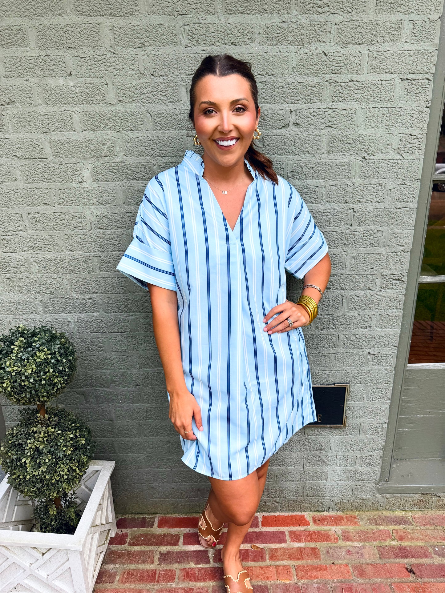 Blue Short Sleeve Striped Dress