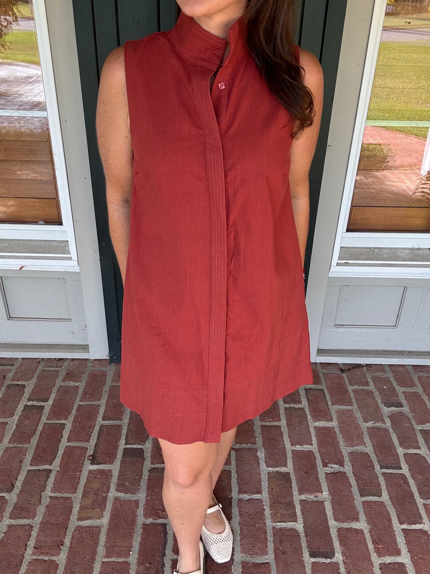 Rust Stand Collar Button Up Dress