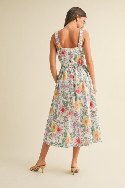 Ivory Multi Floral Button Down Midi Dress