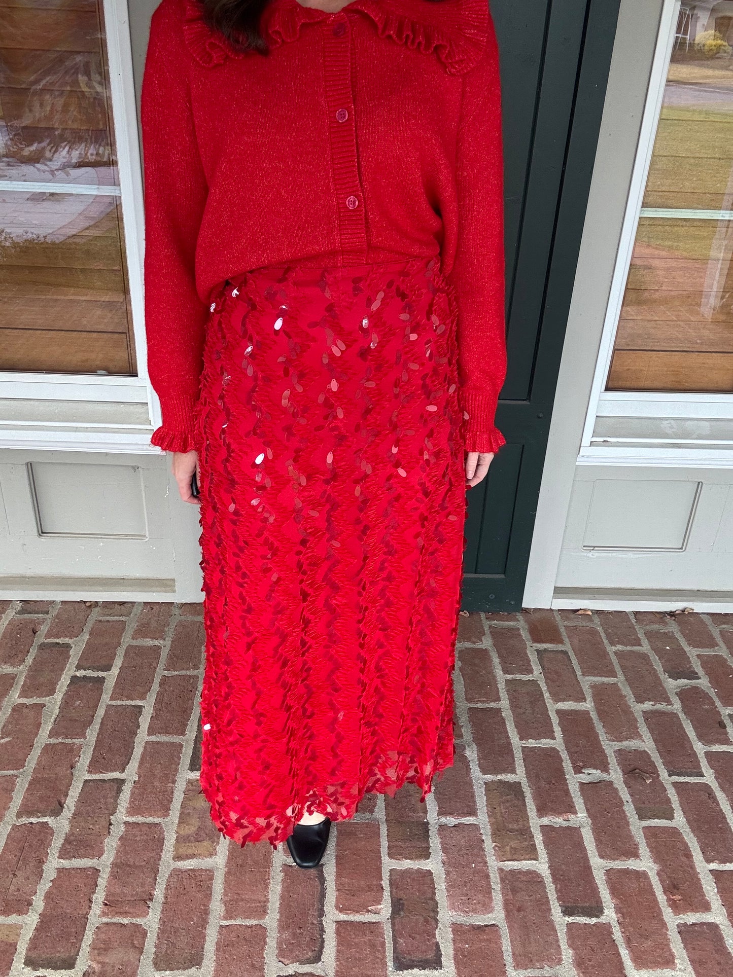 Red Sequin Midi Skirt