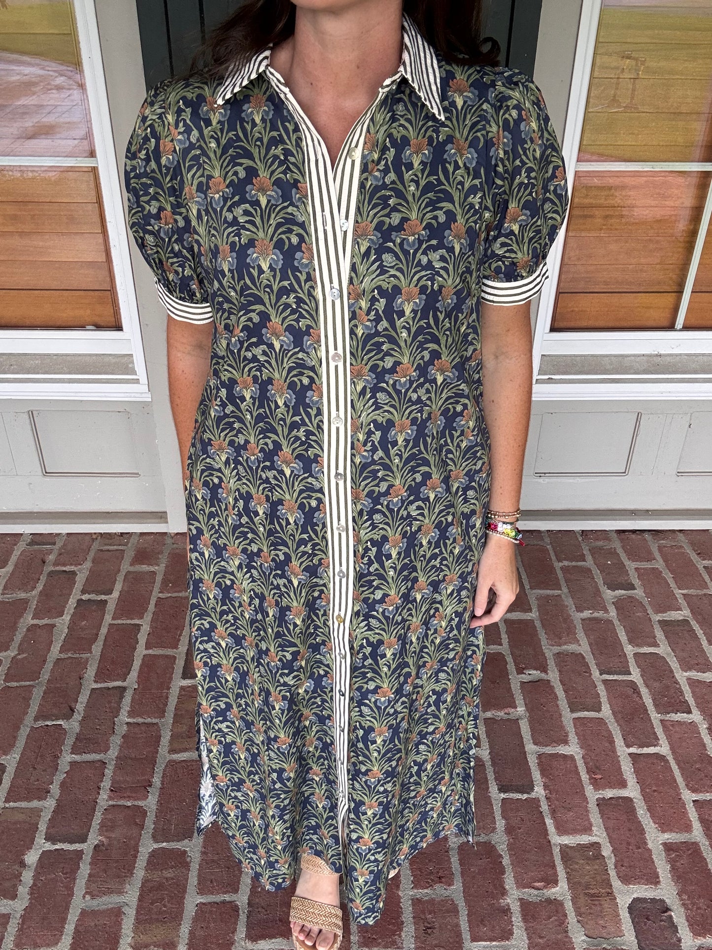 Navy Wheatgrass Button Up Midi