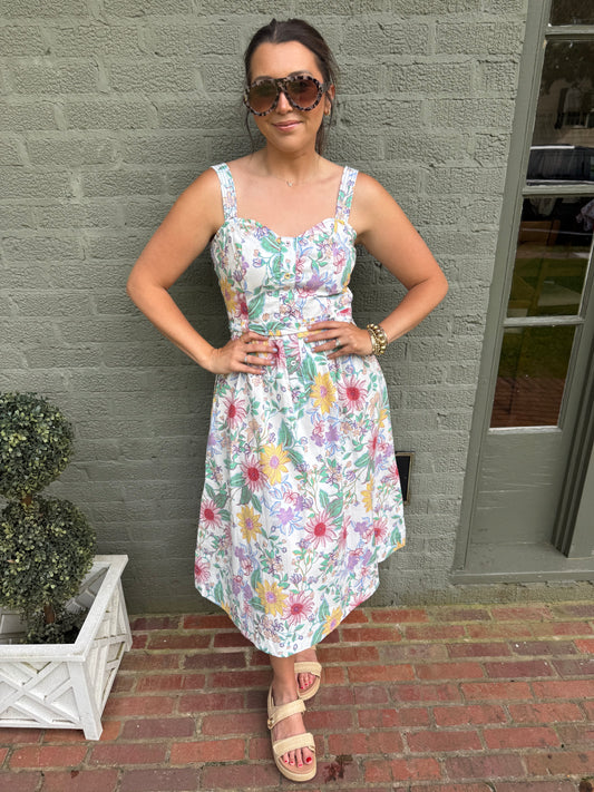 Ivory Multi Floral Button Down Midi Dress