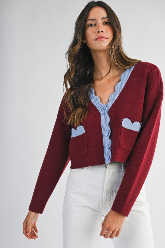 Wine Scallop Trim Cardigan