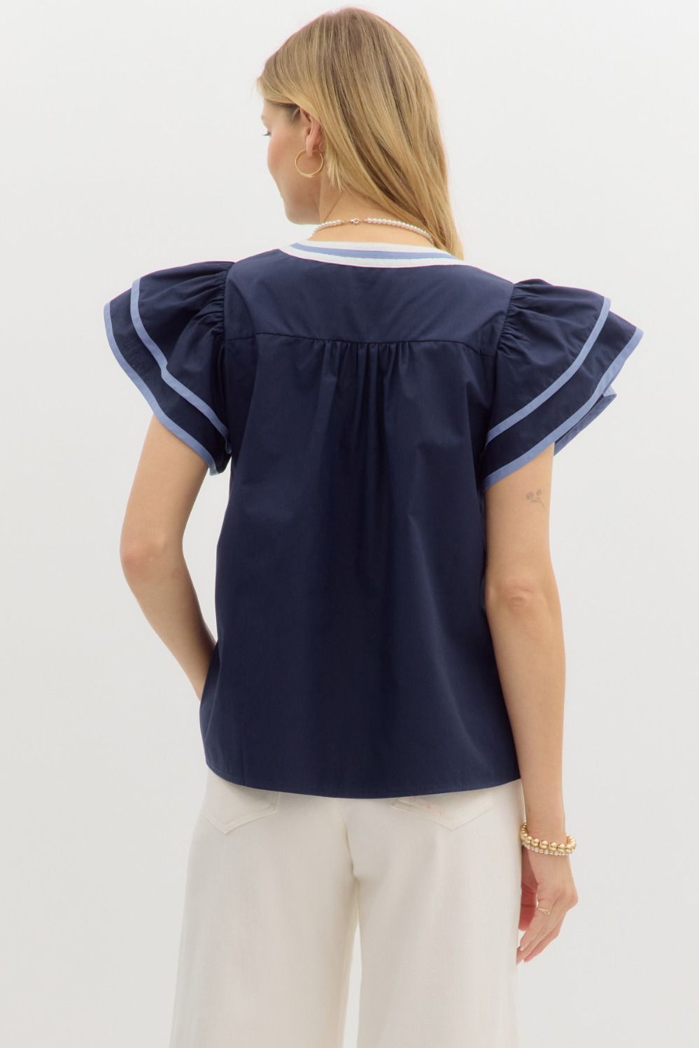 Navy Ruffle Sleeve Top