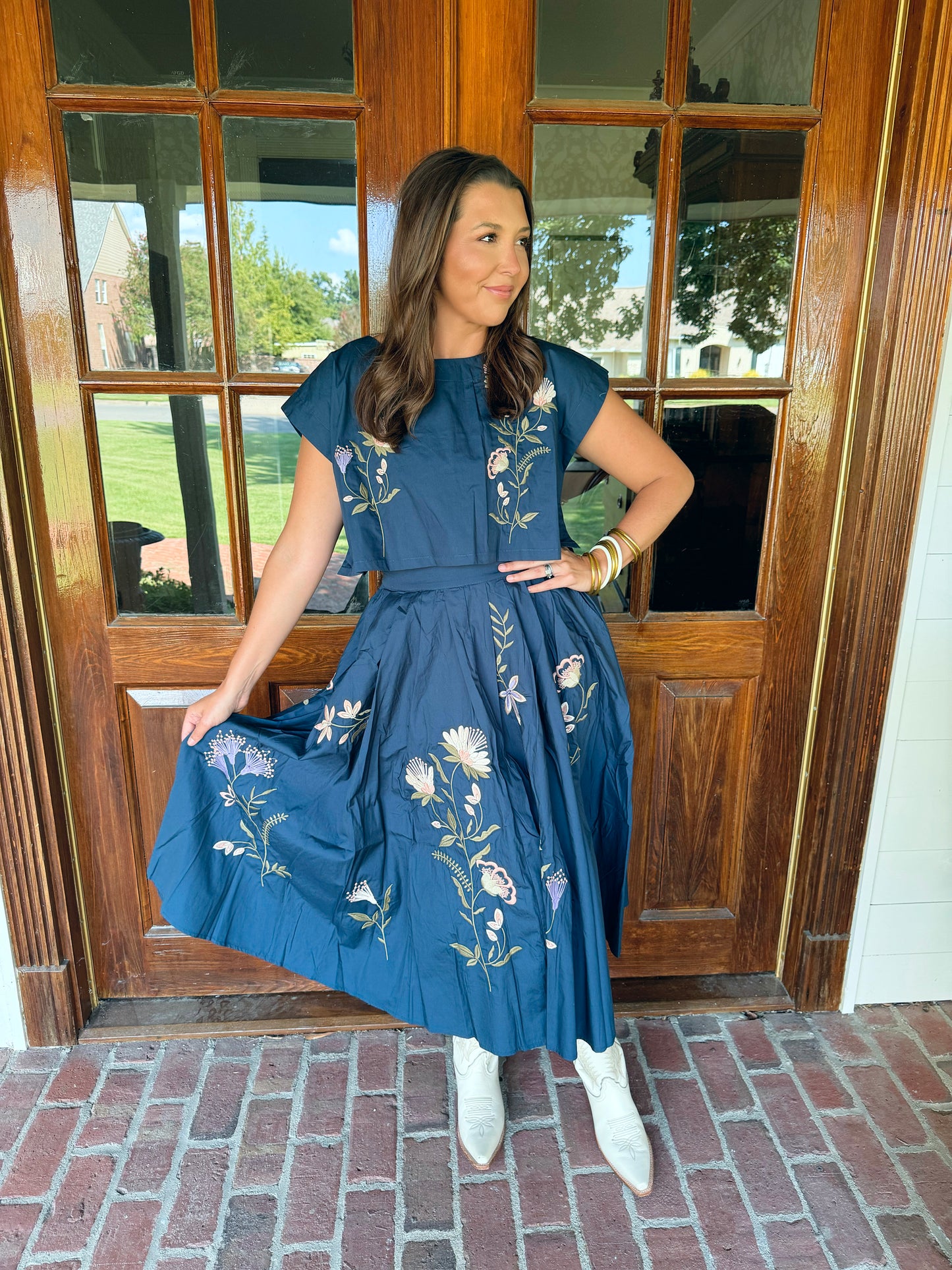 Navy Embroidered Top and Skirt Set