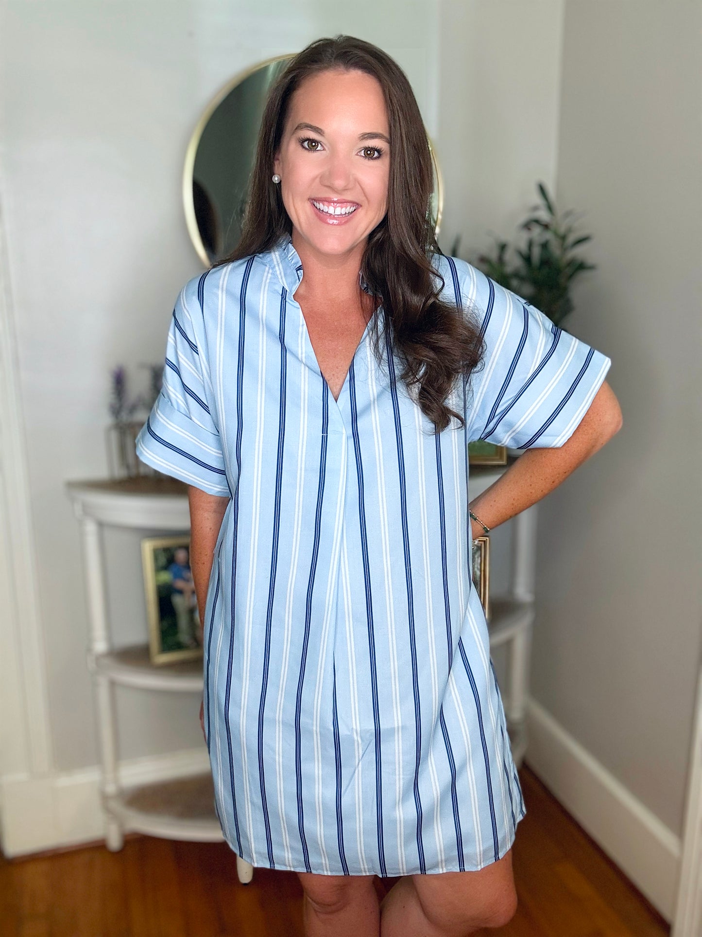 Blue Short Sleeve Striped Dress