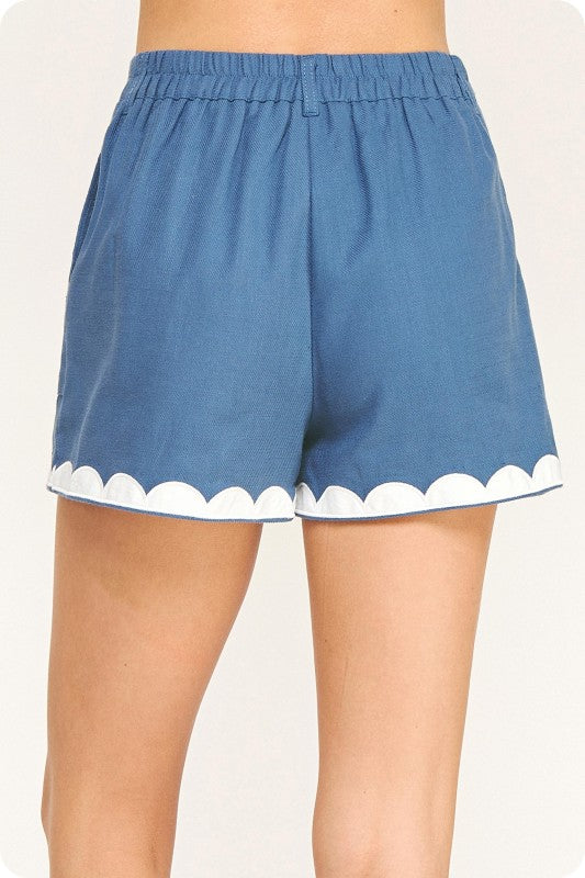 Blue Contrast Embroidery Shorts