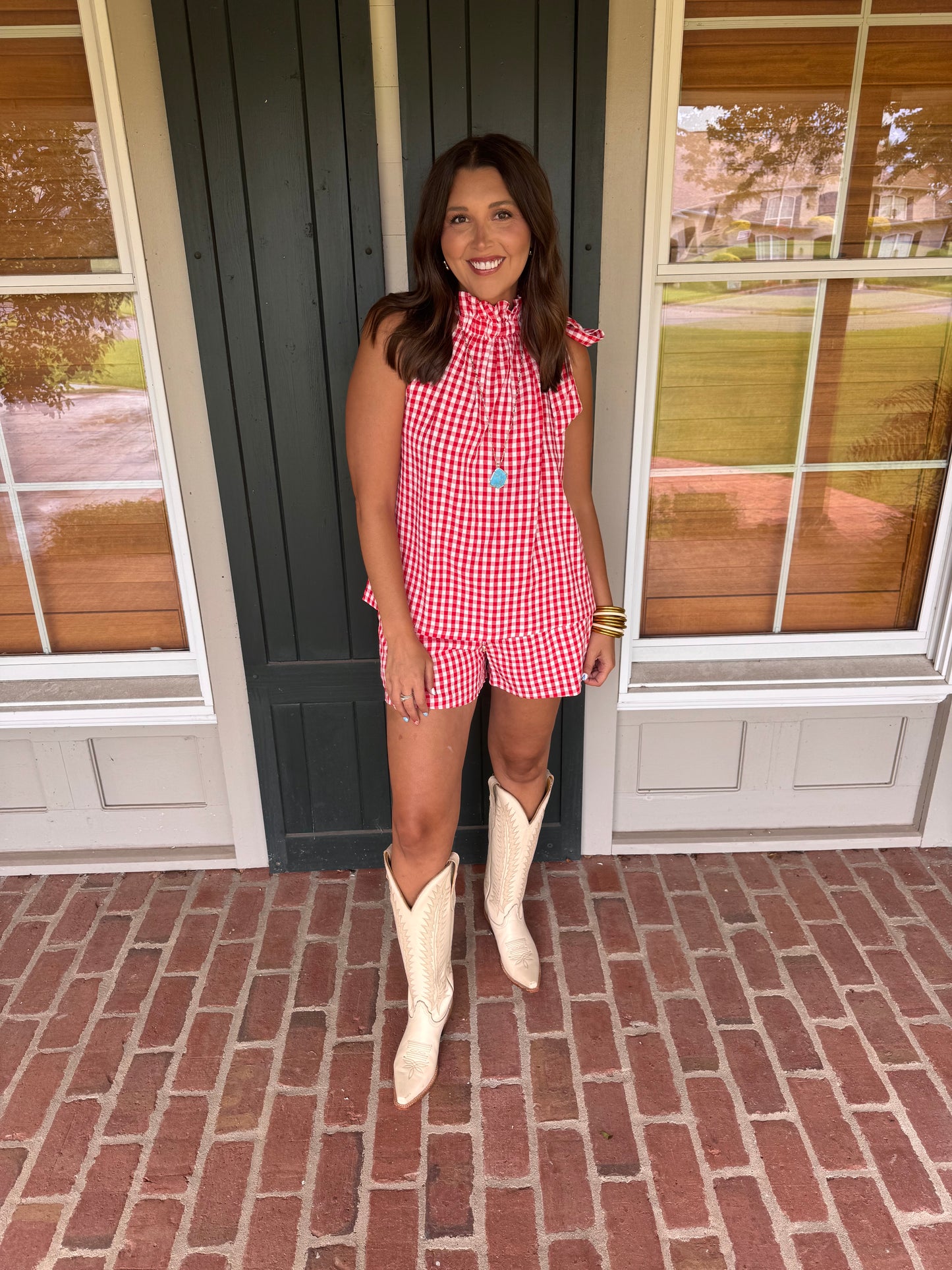 Red Gingham Tie Neck Short Set