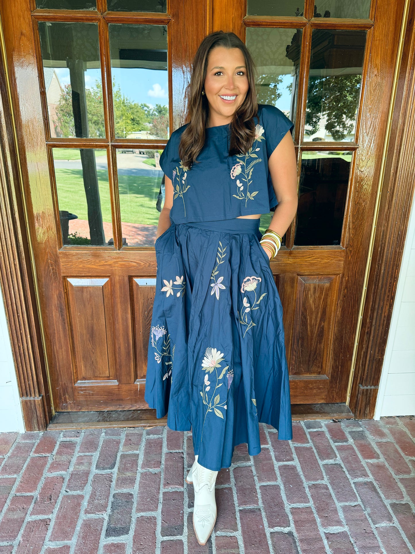 Navy Embroidered Top and Skirt Set