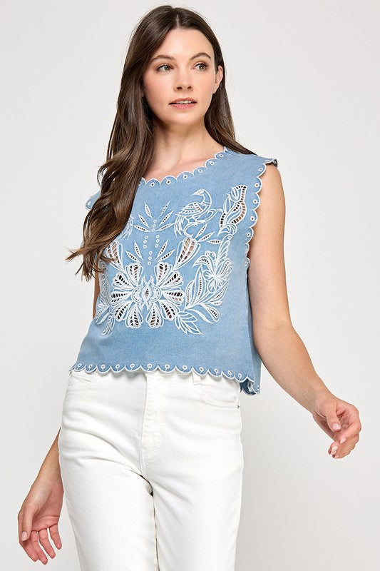 Blue Embroidery Laser Cut Top