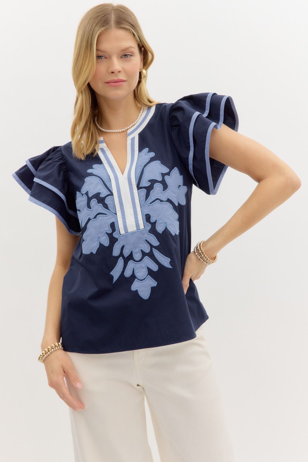 Navy Ruffle Sleeve Top