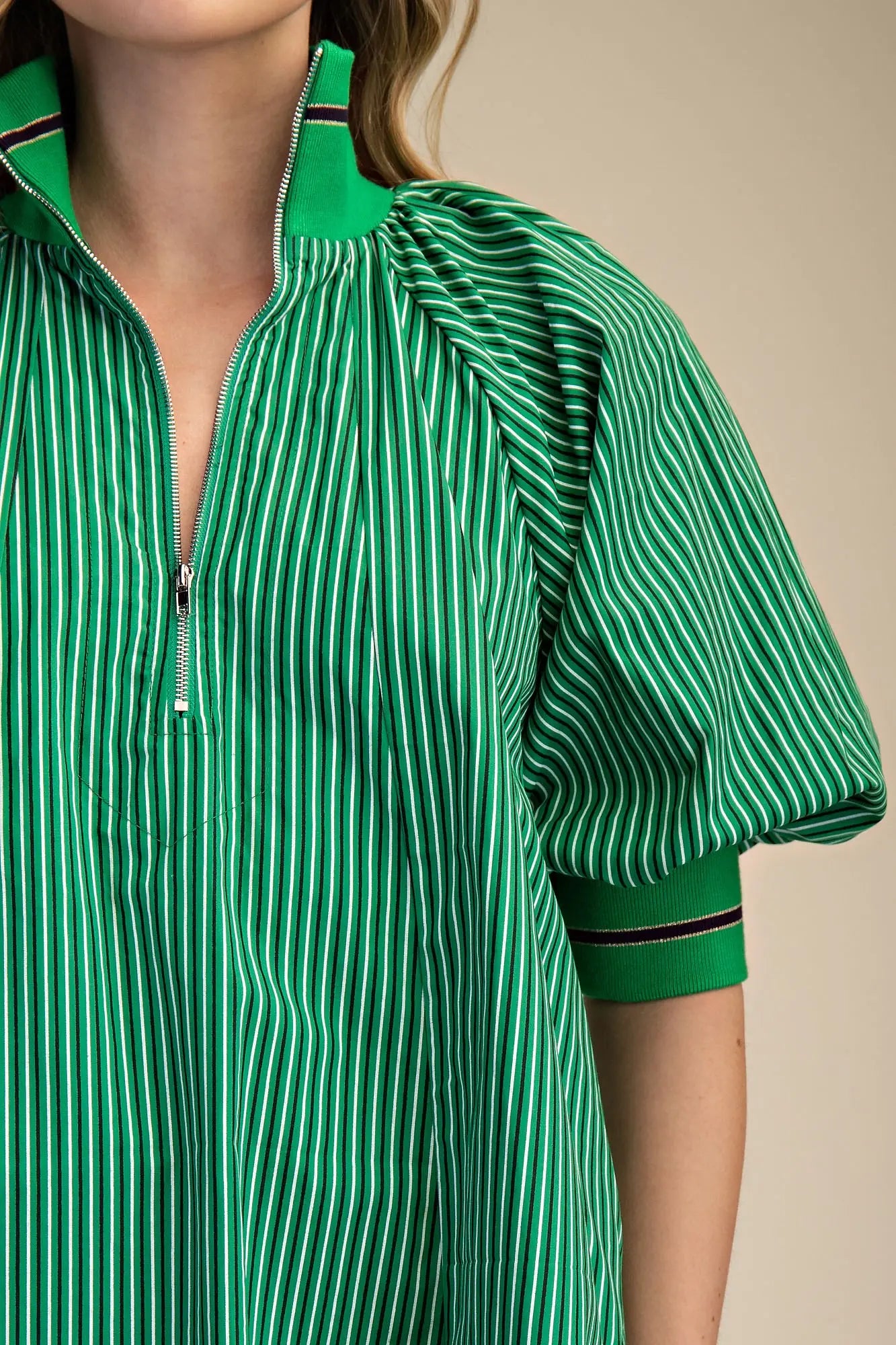 Kelly Green Half Zip Puff Sleeve Dress