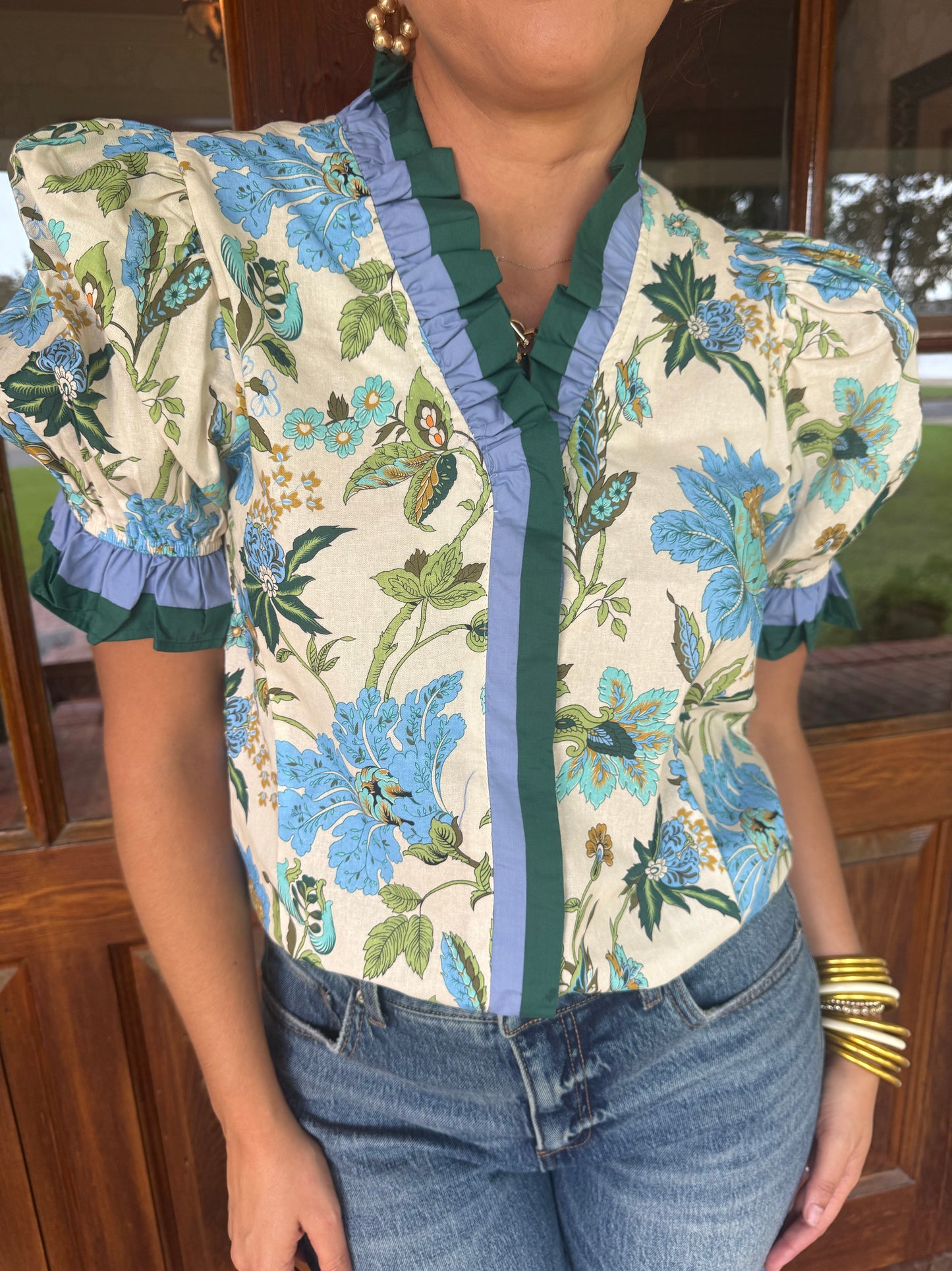 Blue Green Floral Ruffle Top