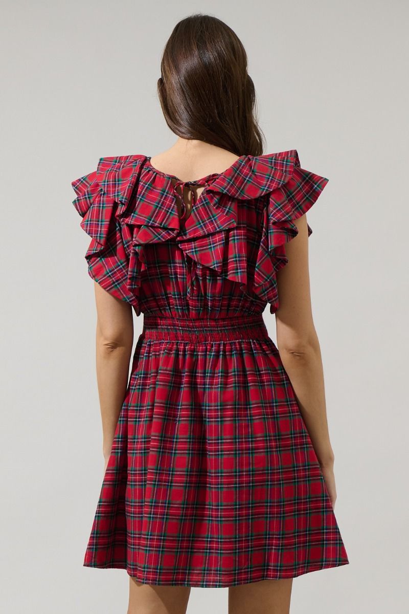 Red Plaid Ruffle Sleeve Dress