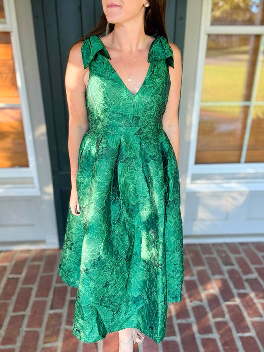 Emerald Jacquard Bow Sleeve Dress