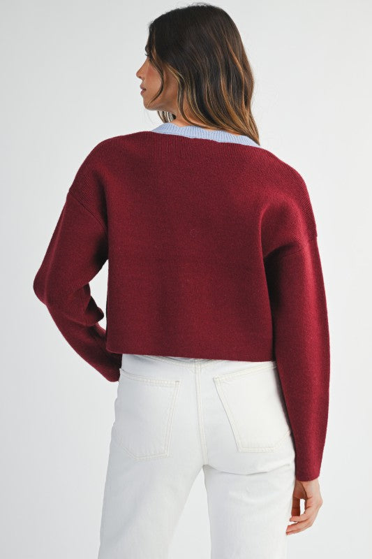 Wine Scallop Trim Cardigan