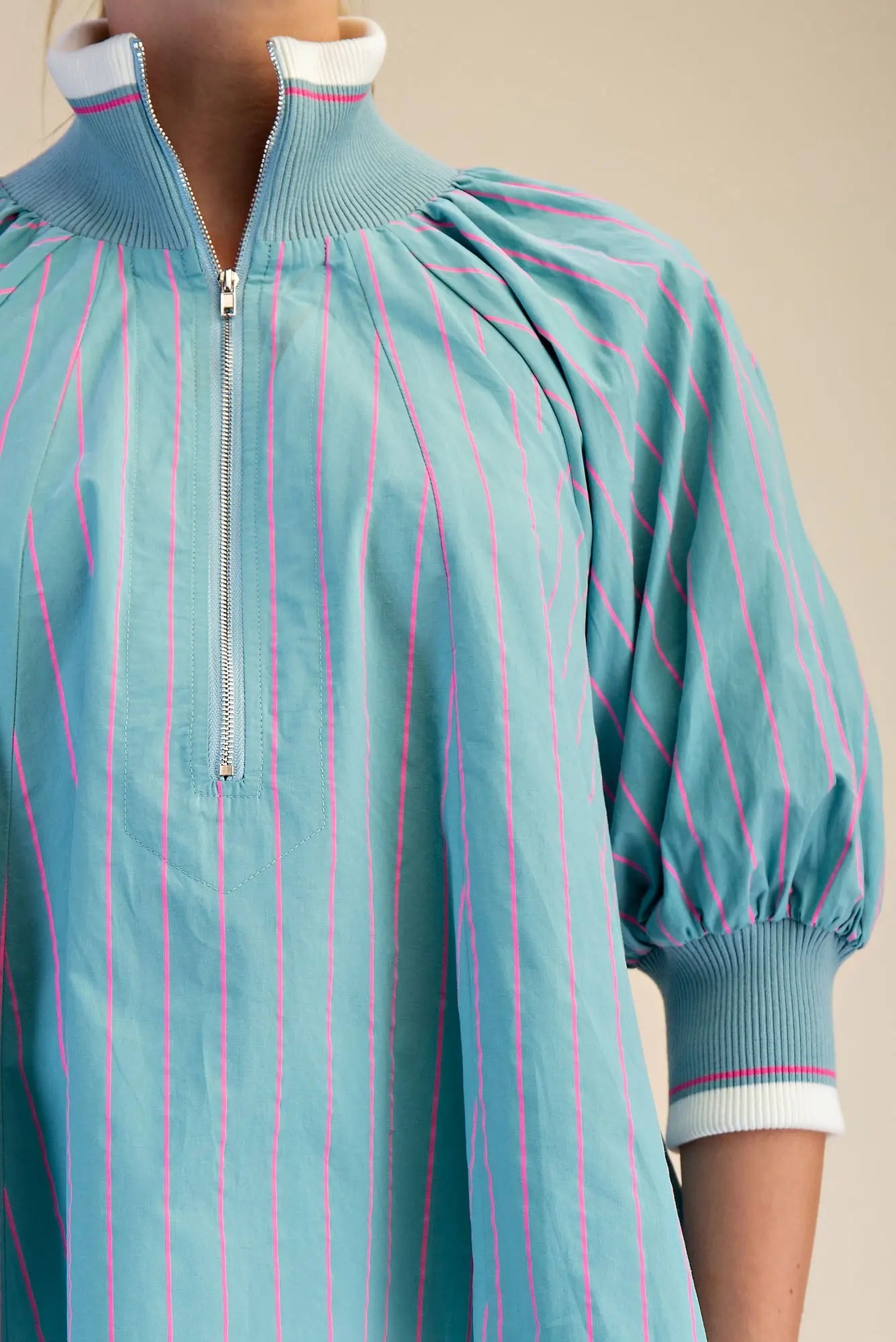 Mint Half Zip Puff Sleeve Top