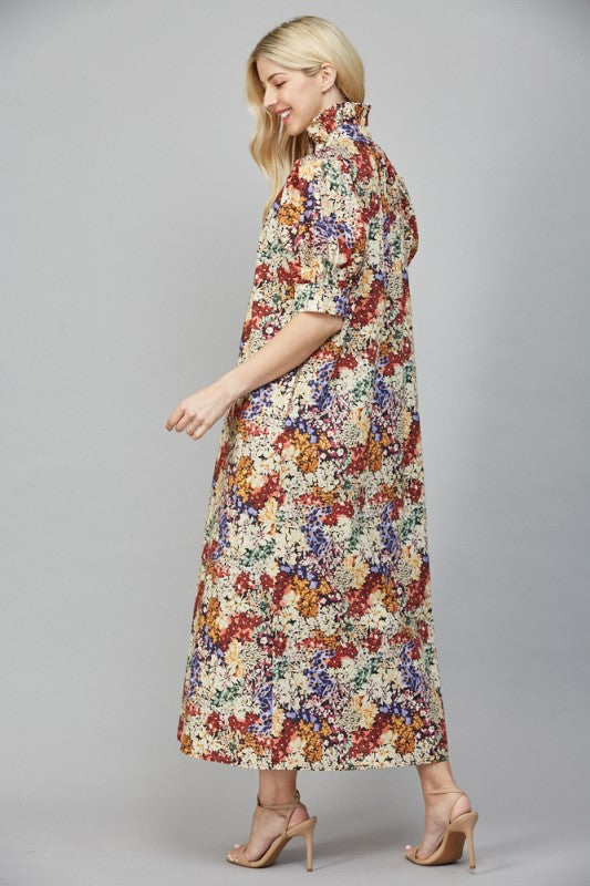 Fall Floral Stand Collar Midi Dress