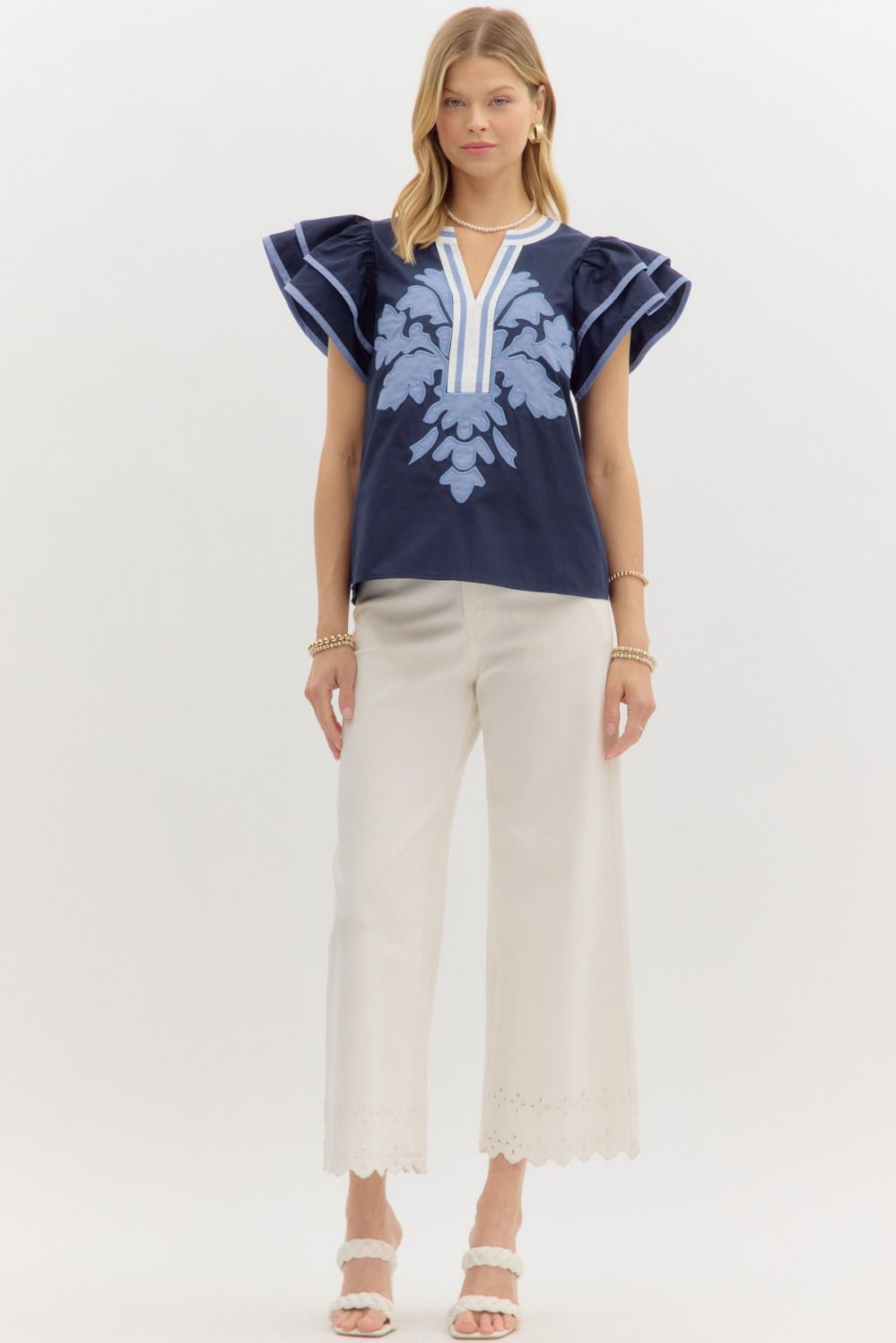 Navy Ruffle Sleeve Top