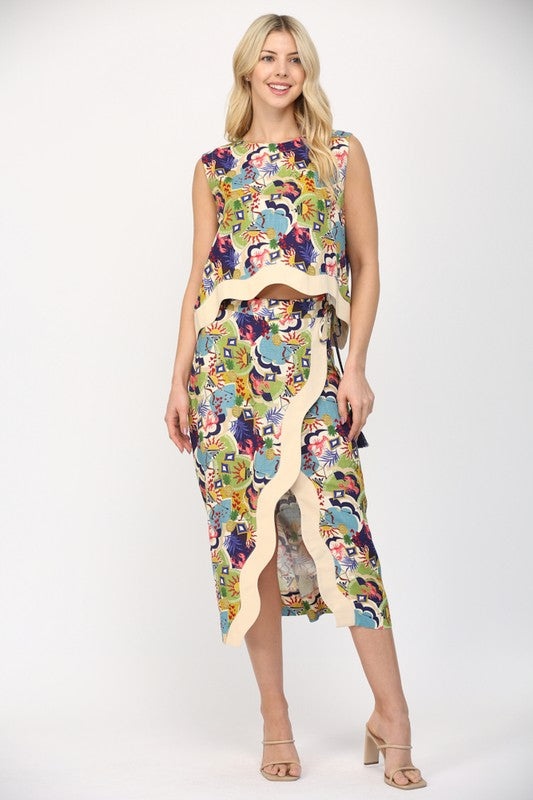 Multi Color Contrast Linen Blend Wrap Skirt Set