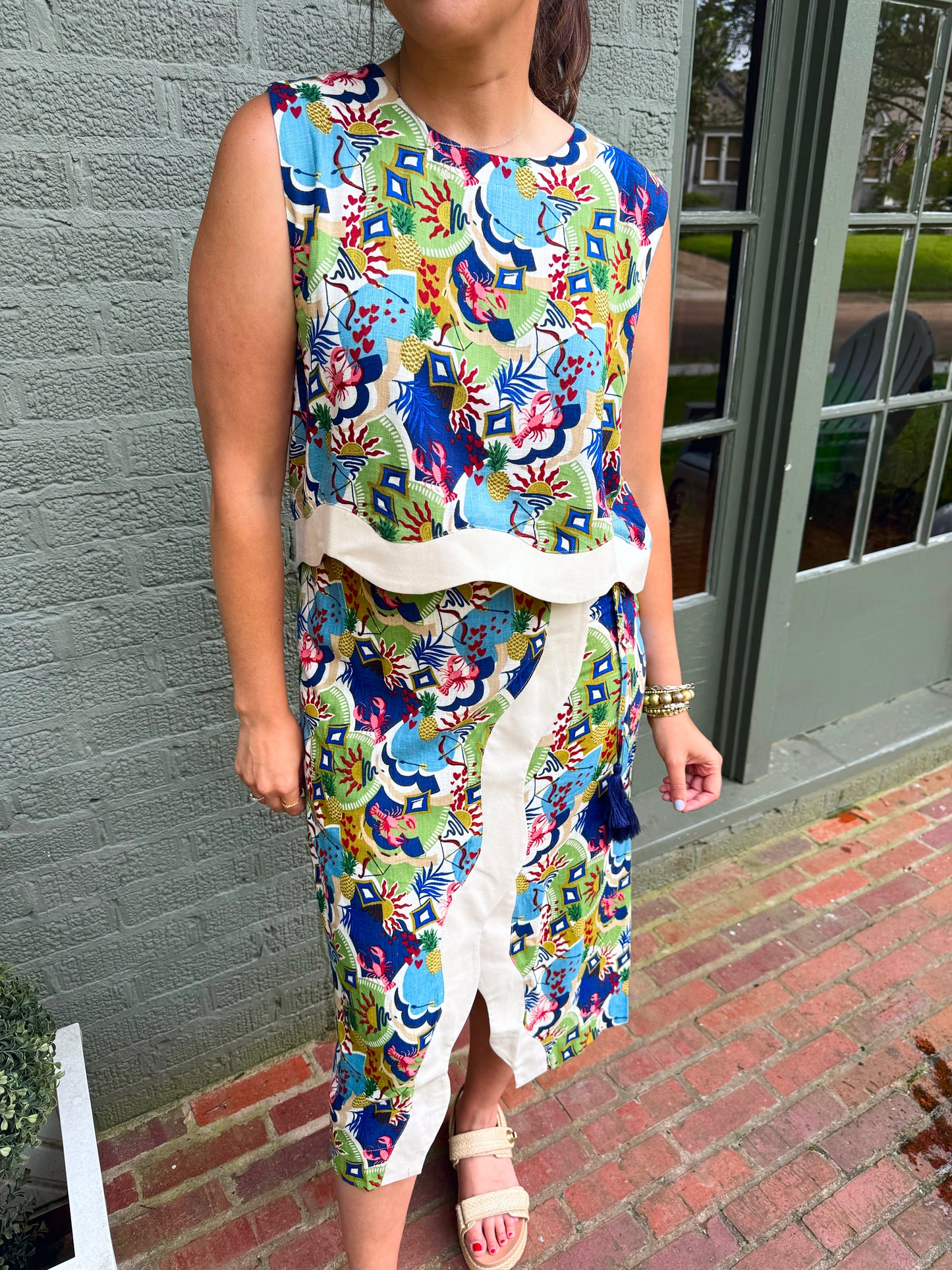 Multi Color Contrast Linen Blend Wrap Skirt Set