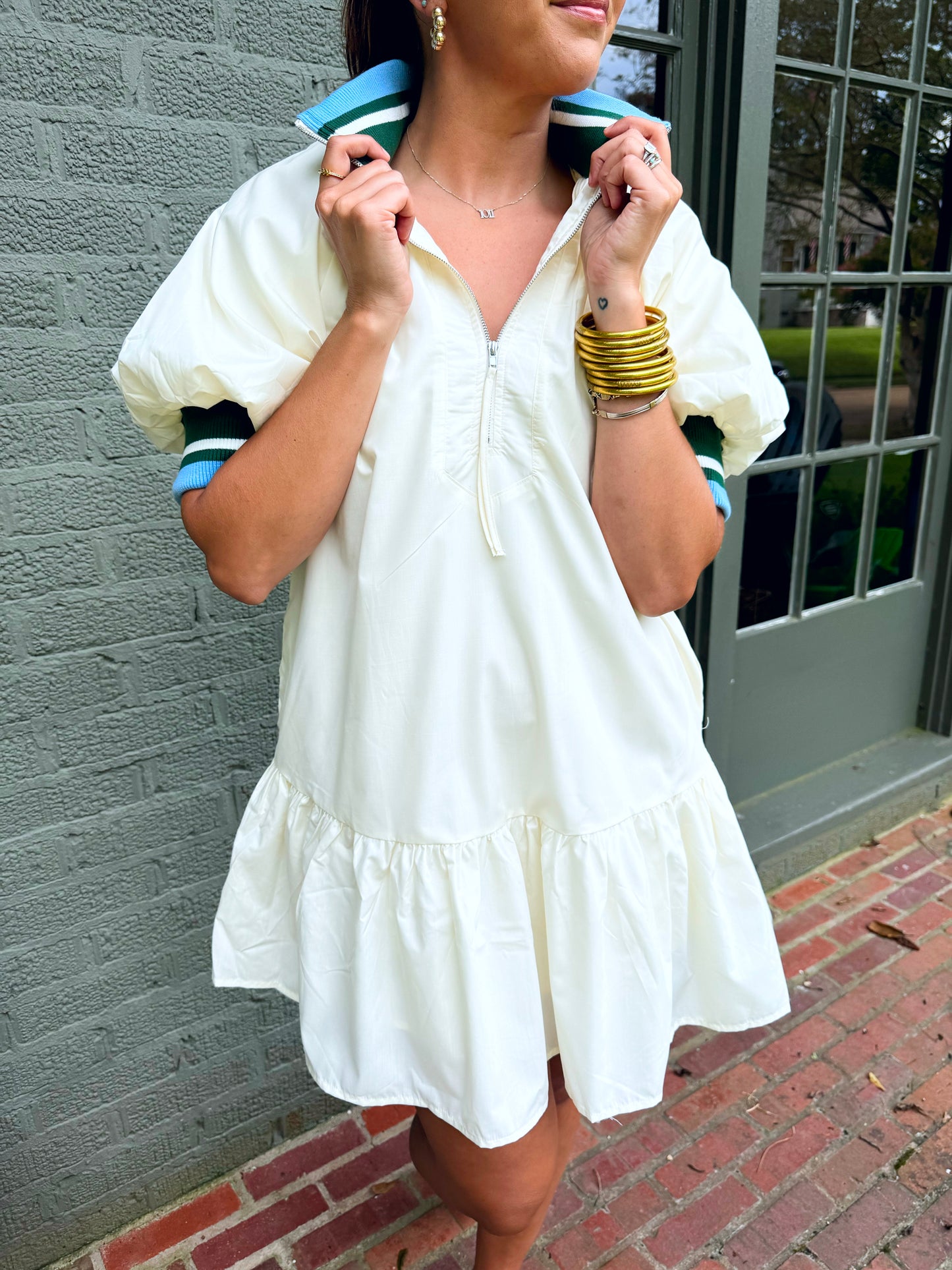 Cream Half Zip Contrast Detail Dress