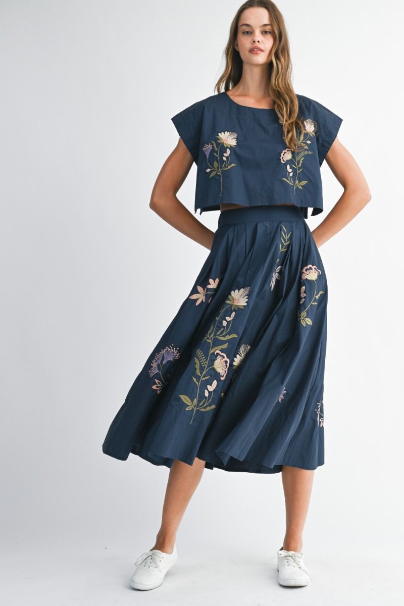 Navy Embroidered Top and Skirt Set