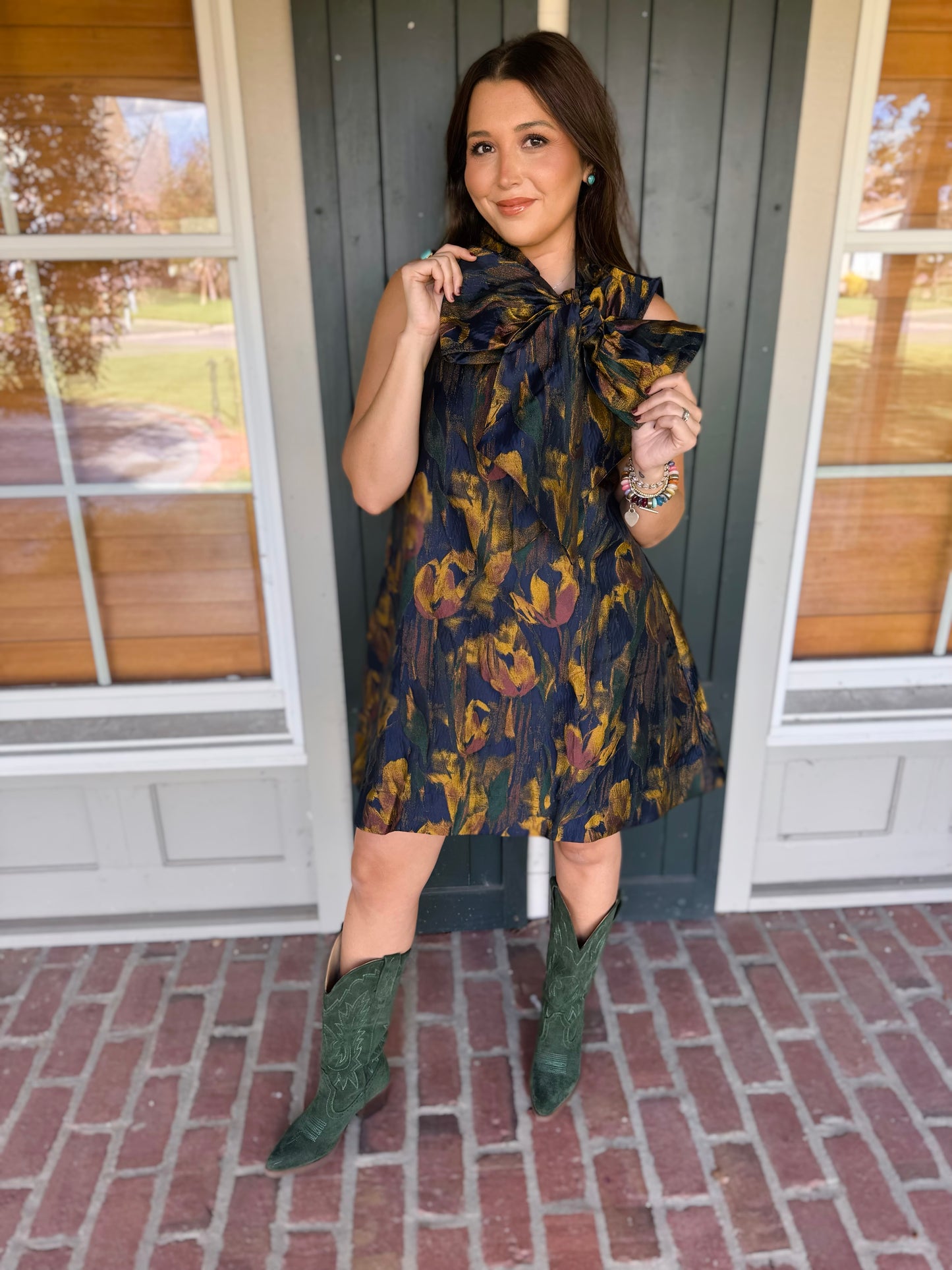 Mustard/Green Jacquard Tie Neck Sleeveless Dress