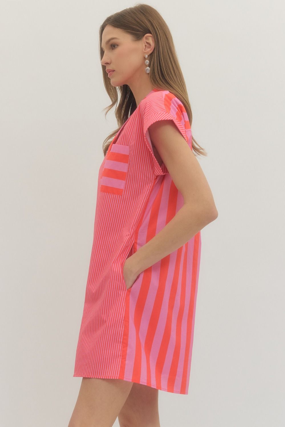 Pink Orange Stripe Shirt Dress