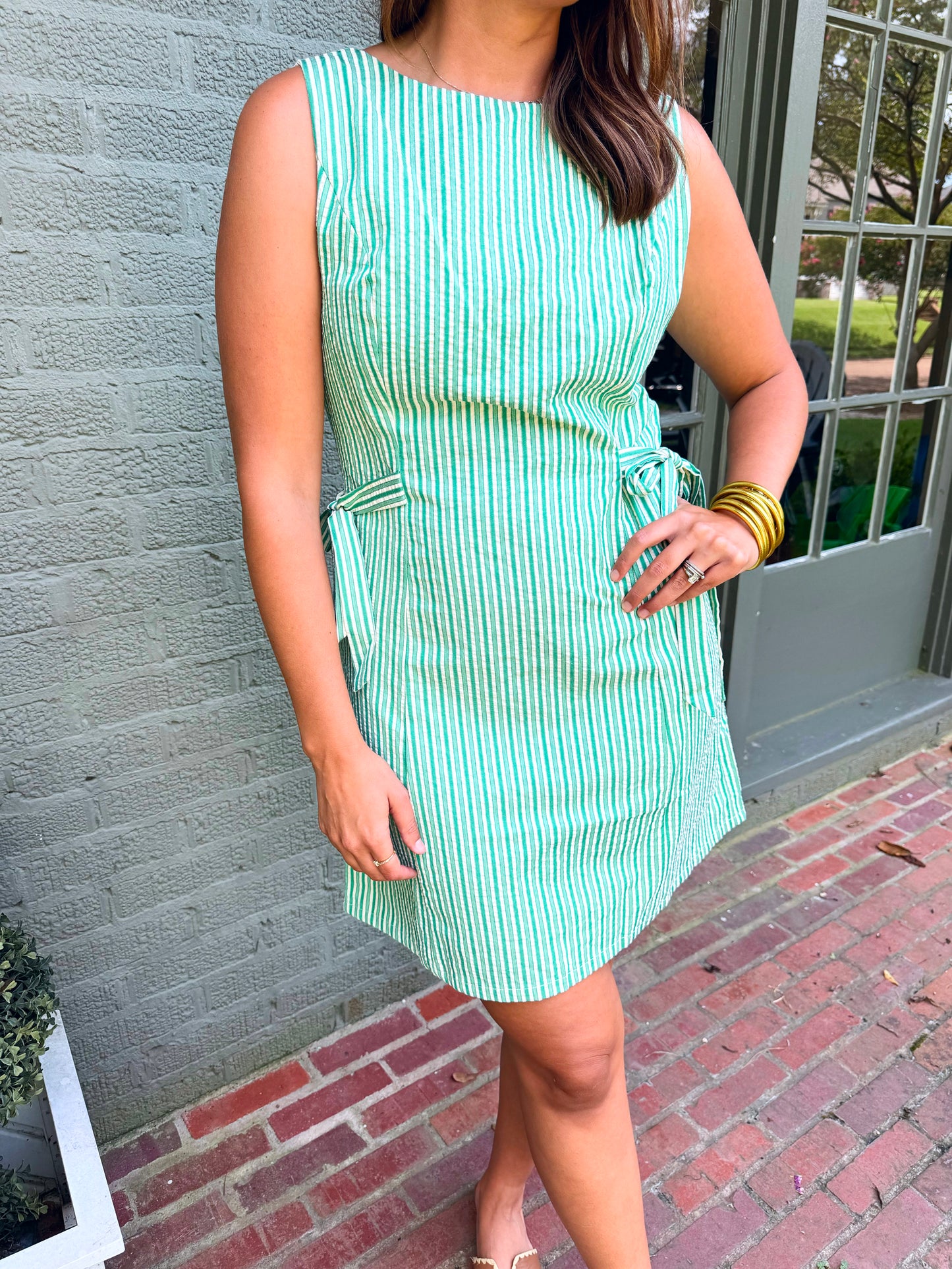 Green Stripe Side Tie Dress