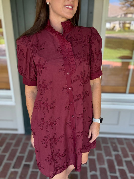 Burgundy Floral Ruffle Neck Dress