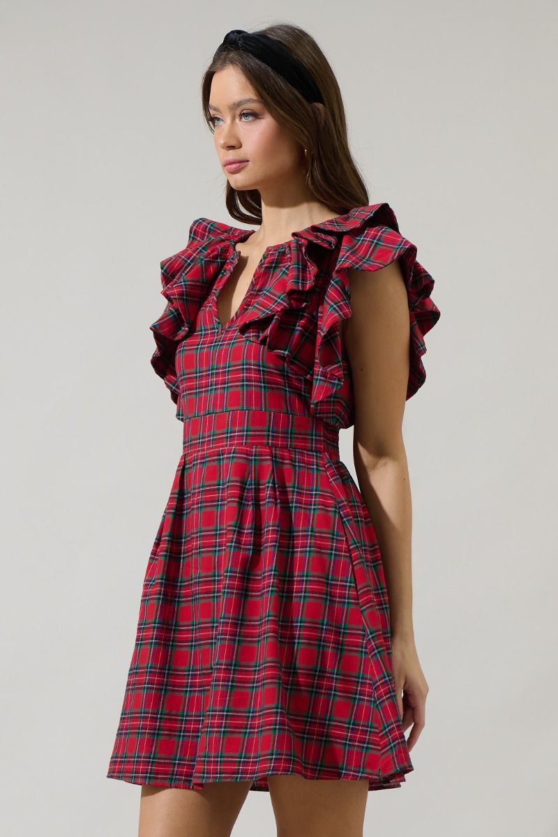 Red Plaid Ruffle Sleeve Dress