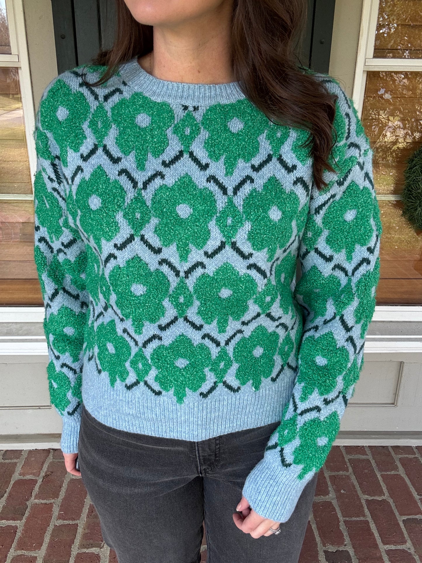 Green and Blue Flower Sweater
