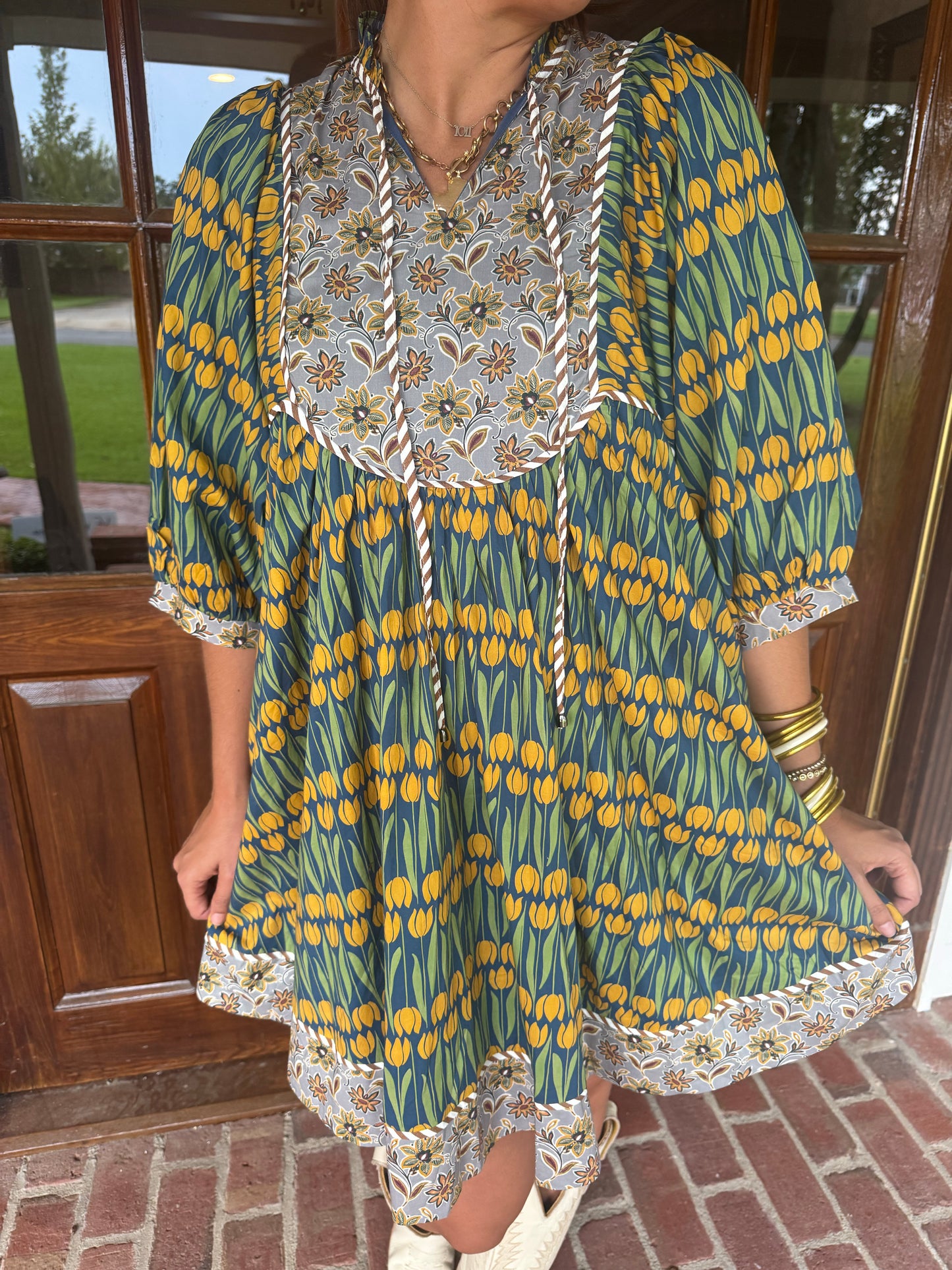 Green Mix Tie Neck Dress