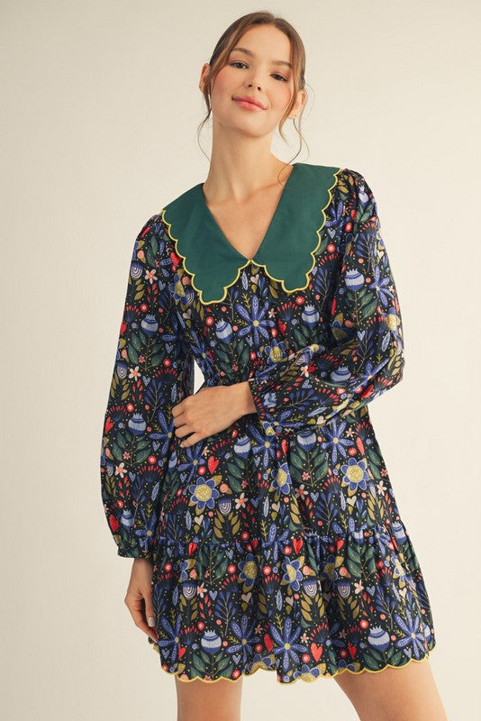 Black Floral Statement Collar Dress