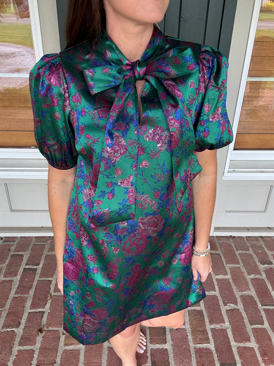 Green Jacquard Bow Dress
