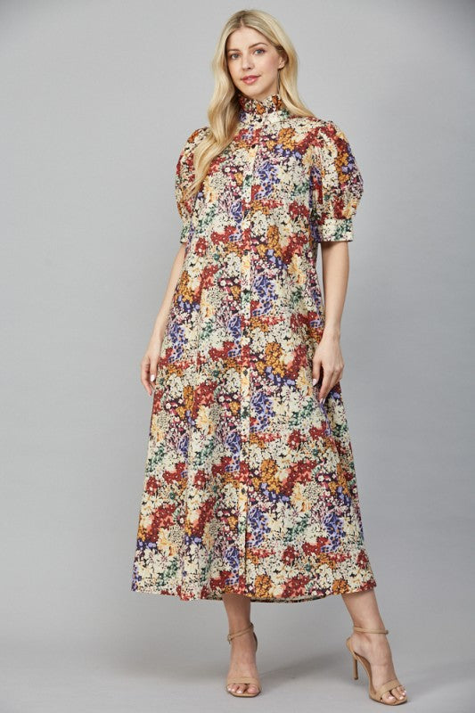 Fall Floral Stand Collar Midi Dress