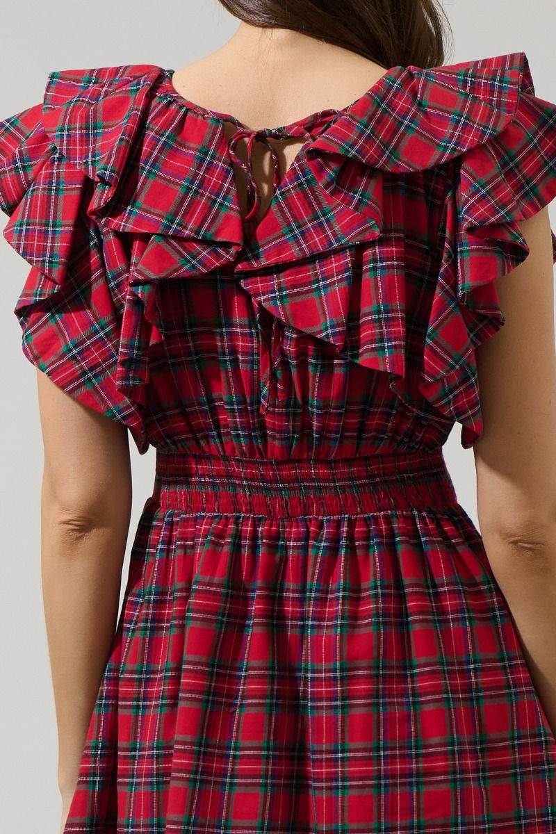 Red Plaid Ruffle Sleeve Dress