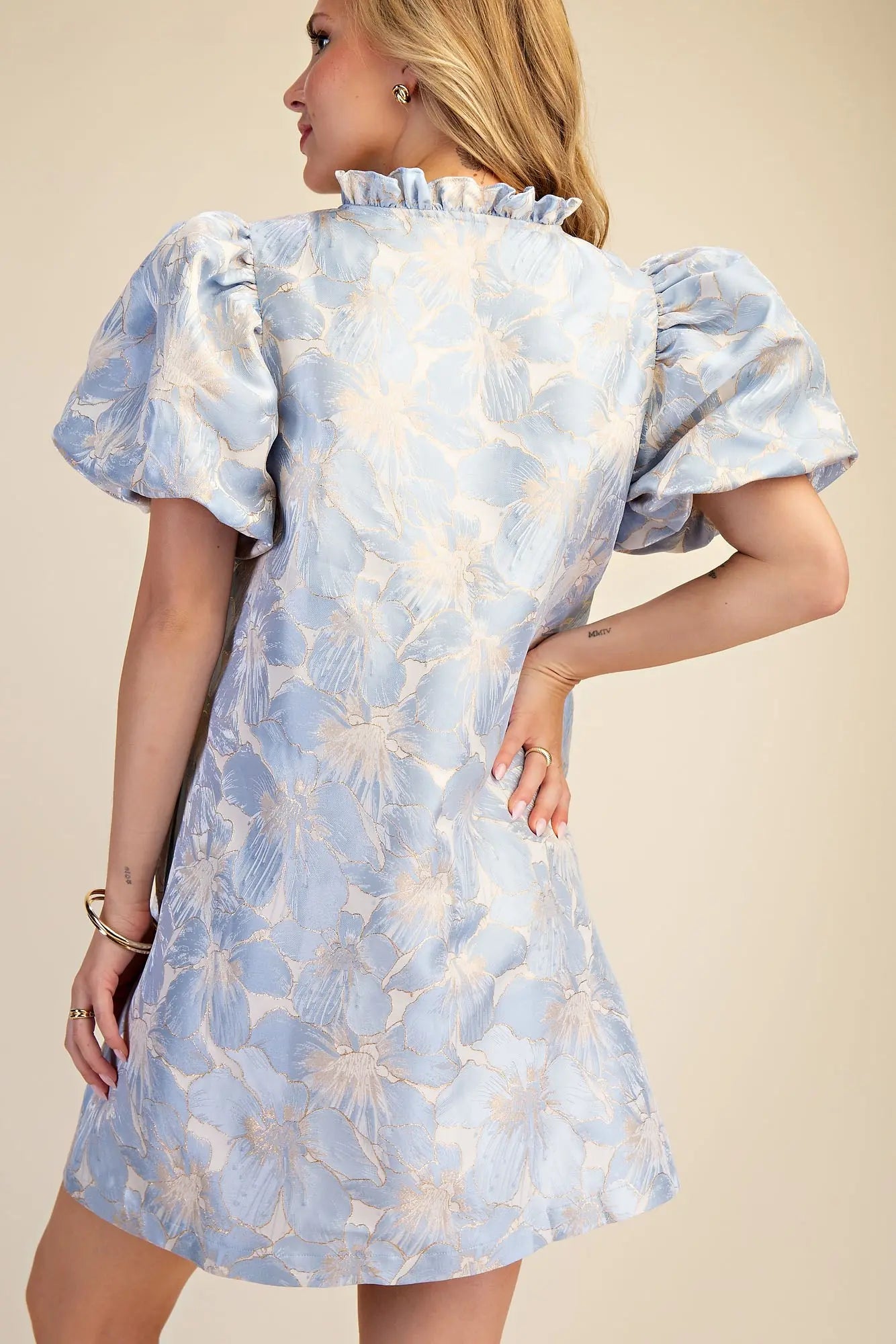 Sky Ruffle V-Neck Puff Sleeve Dress